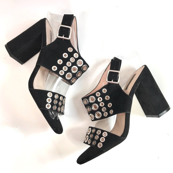 TOPSHOP Black Suede Silver Grommet Block Heel Ankle Strap Slingback Heel NWT 9.5 - Picture 2 of 16